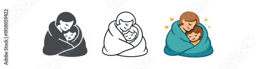 Parent wrapped in blanket holding child for warm cuddle and bedtime comfort flat vector illustration