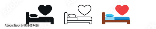 Three simple bed and heart icons in solid, outline, and color styles representing sleep, romance, or health and wellness topics for banners, signs, or ui elements.