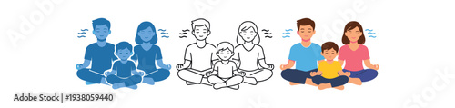 Family meditating together in calm sitting pose in three flat icon styles for wellness and mindfulness design