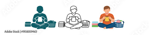 Person sitting with laundry basket folding clothes for home chores and laundry routine illustration flat vector illustration