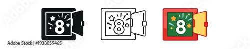 Three small door icons showing the number 8 in solid, line, and colored variations suggesting an advent calendar, surprise box, or countdown element.