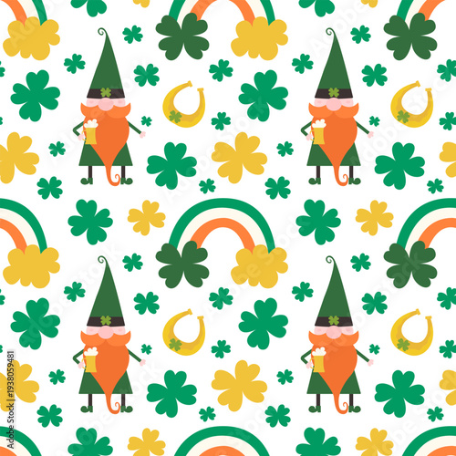 Patrick seamless pattern. Cute gnome with red beard rainbow and four leaf clover. Saint Patrick's Day. Vector design for wrapping paper or print.