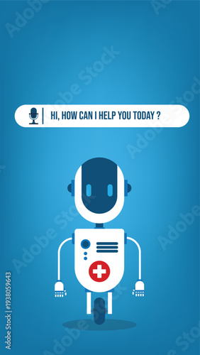 AI Healthcare Chatbot Robot Assistant with Medical Cross, Voice Support Interface for Telemedicine, Digital Health Consultation, Virtual Doctor Help Service Vector Illustration
