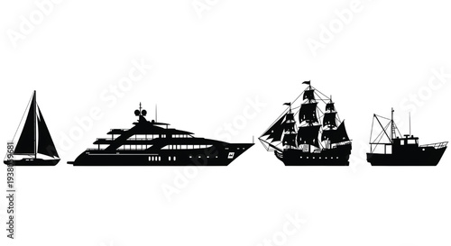 Four different types of boats on the water in black silhouette