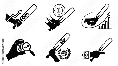 Collection of black icon illustrations representing business partnership and success featuring handshake and growth elements in a clean simple design style on a white background for commercial use.