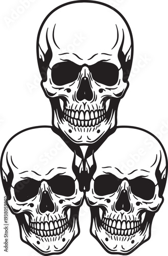 Three skulls with black eyes and teeth
