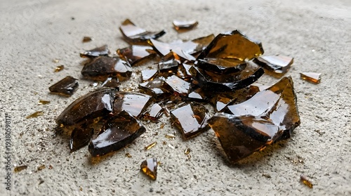 Broken brown glass shards on concrete surface