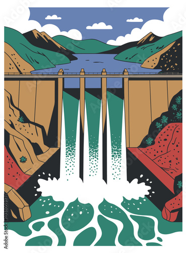 Hydroelectric dam and reservoir landscape water management. Large hydroelectric dam releasing water from reservoir in mountain valley. Concept of water resources management and renewable energy.