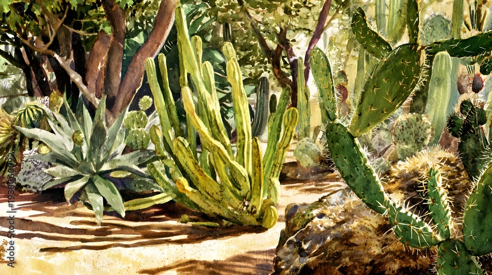 Fototapeta premium Serene desert garden illustration showcasing vibrant cactus plants bathed in warm sunlight highlights