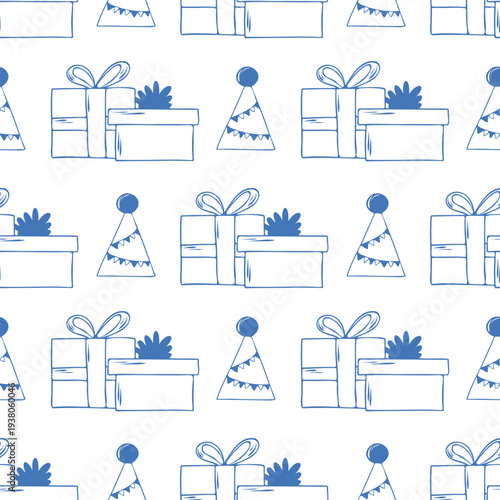 Vintage seamless pattern with blue line art gift boxes and party hats. Classic hand drawn minimalist vector background for birthday celebration stationery, wrapping paper, packaging