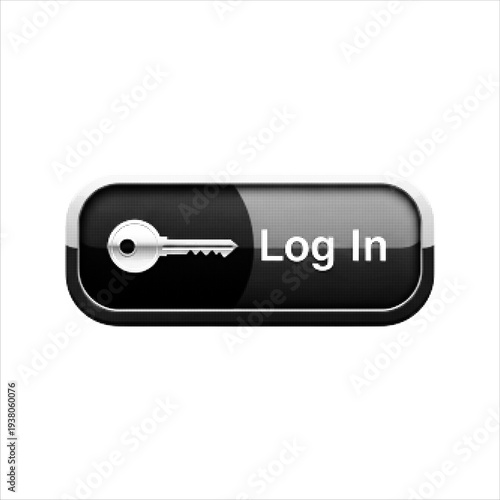 Halftone log in button with key icon, black and white login interface element symbolizing authentication, password access, cybersecurity and user account security isolated on light background.
