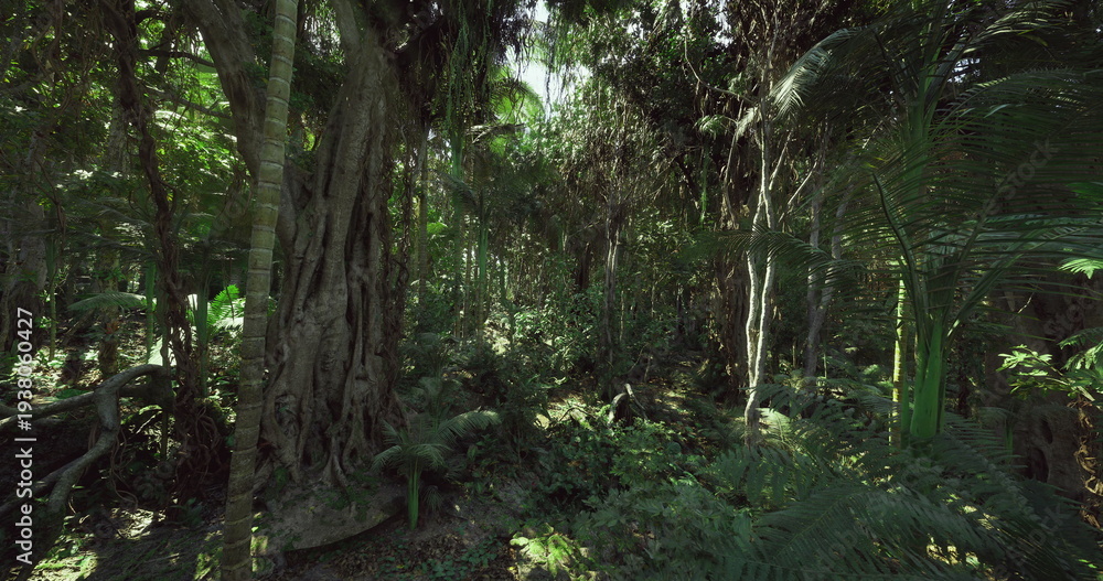 Fototapeta premium dense tropical rainforest with ancient tree, thick buttressed roots and mossy trunk dappled sunlight filters through high canopy, deep understory ferns