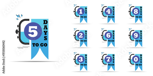 Countdown of days 1,2,3,4,5,6,7,8,9,10. The days to go badges. A countdown is going on, one day to go  badge and a label to calculate the date of work. Offer timer, sticker limited to a few days.