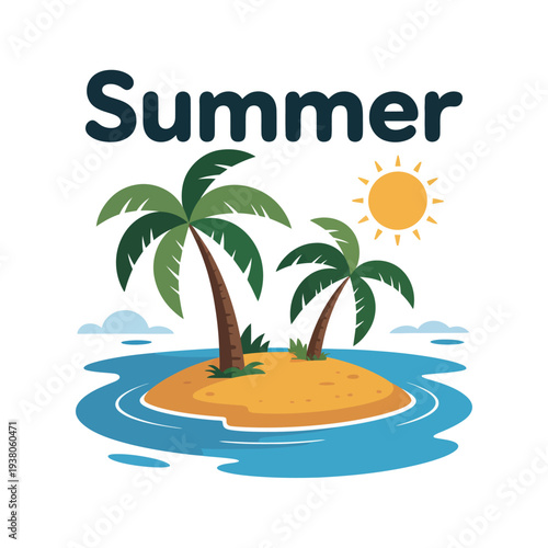 Tropical island with two palm trees and a bright sun floats above blue water.