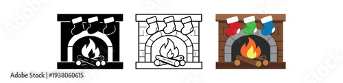Three fireplace icons showing a roaring fire in a brick mantel with three stockings: filled black, outline, and full-color cozy holiday versions for cards or banners.