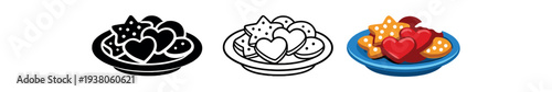 Three cookie plate icons: black silhouette, line art, and full-color plate with heart and star cookies, for bakery labels, menus, or holiday graphics.