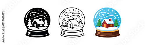 A decorative snow globe showing a snowy house and evergreen trees presented as solid, outline, and full-color versions for festive artwork.