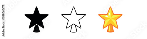 Three simple badge icons showing a five-point star on a short pedestal in black fill, outline, and gold color versions for user interface or sticker use.