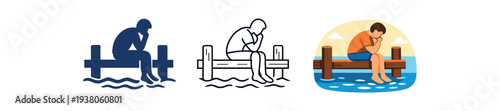 Person sitting on a dock over water looking thoughtful for travel or wellness banner flat vector illustration