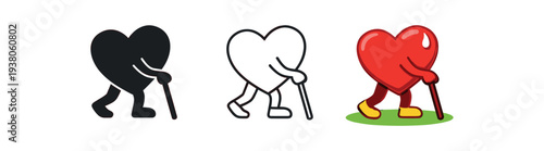 Walking elderly heart character with cane for health or caregiving illustration