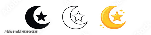 A crescent moon paired with a five-point star shown as solid, outline, and colorful yellow versions for religious, holiday, and nighttime designs.
