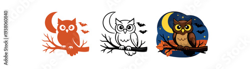 Three owl illustrations showing an orange silhouette, black outline, and a full-color night scene with moon and bats.
