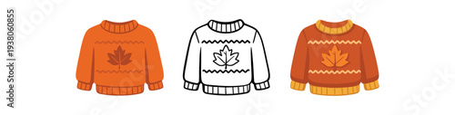 Three sweater icons: solid orange, black outline, and full-color knit pullover with maple leaf motif and ribbed cuffs.