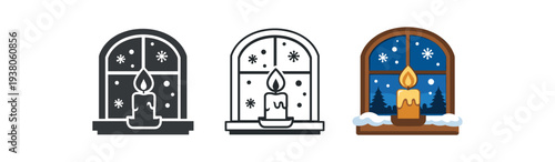 Three icon styles of a cozy winter scene: a lit candle sitting on a windowsill with snow, pine trees, and a starry night sky visible through the arched window,  solid, outline, and colorful 