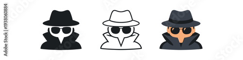 Three spy or detective icons wearing a fedora, sunglasses, and trench coat shown as filled, line, and colored versions for privacy, incognito mode, or security interface graphics.
