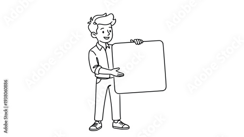 Cartoon man holding blank sign with welcoming gesture for presentation or announcement purposes effectively grabbing attention and conveying information in a simple yet engaging visual format.