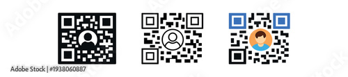 Three qr code icons that include a user avatar/profile symbol in filled, outline, and colored variants suitable for app ui, contact sharing, and digital id use.