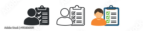 Trio of task icons showing a user silhouette beside a clipboard with checkboxes in solid, outline, and colored styles for task or survey ui.