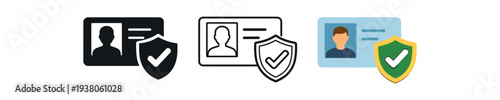 Three id card icons showing a portrait and a shield with a checkmark — solid, outline, and colored styles for identity, access, or verification designs.