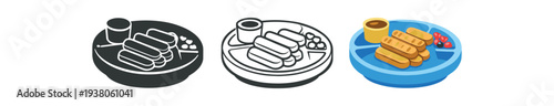 Three plate icons showing sausages, a dipping cup and small garnish in filled, outline, and full-color versions for food menus or app use.
