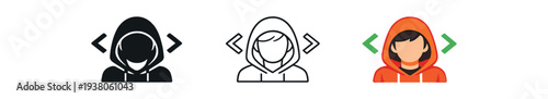 Three hoodie-wearing avatar icons framed by code bracket glyphs in filled, outline, and colorful styles suitable for developer, anonymous, or hacker profile use.