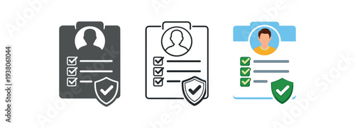 Three clipboard profile icons with checklist lines and a shield containing a checkmark — solid, outline, and colored versions for verification or account security uses.