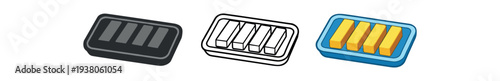 Three icons of rectangular butter sticks in a tray — dark solid, outline, and colored blue tray with yellow sticks — for food packaging, recipe, or kitchen artwork.