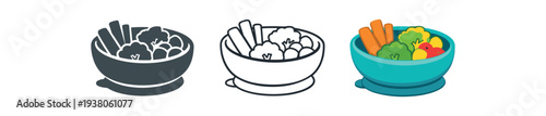 Three simple bowl icons showing a fresh salad with chopsticks and mixed vegetables, useful as food icons or app graphics.