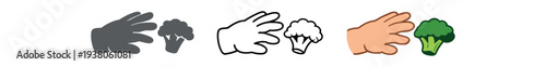 Series of hand and broccoli icons in solid, outline, and color styles to represent handling vegetables, safety, or cooking tools.