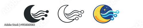 Three moon and wave/data stream icons in filled, outline, and colorful variants for sleep, night, or data flow uses.