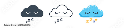 A set of three simple cloud icons with closed eyes and zzz marks in monochrome, outline, and blue color versions for sleep or weather app use.