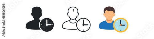 Three icons of a user silhouette paired with a round clock in filled, outline, and full-color styles for scheduling, availability, or time tracking.