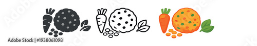 Three icons of a carrot and a round vegetable patty with leaves in solid, outline, and colored versions for food or recipe graphics.