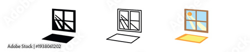 Three simple icons of an open window with sunlit panes and the rectangular floor shadow beneath, shown in solid, outline, and colored versions for home, interior, or architecture graphics.