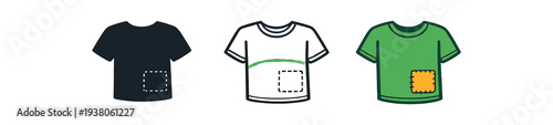 A trio of shirt icons: solid, outline, and colored versions showing a t‑shirt with a stitched patch on the lower pocket area for clothing or tailoring graphics.