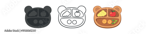 Three cute bear-shaped plate icons divided into compartments holding fruit and vegetables, shown in solid, outline, and colored styles for children's meals, bento, or baby food designs.