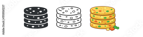 Three icons of a stack of round pancakes or fritters dotted with peas and carrot pieces, presented in solid, outline, and colored styles for recipes, menus, or food packaging.