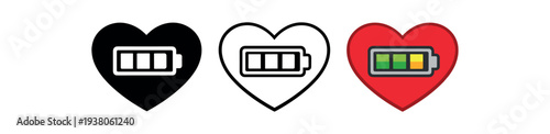 Three heart icons each containing a battery meter — filled, outline, and colorful charged versions — useful for health, wellness, relationship status, or energy indicators in interfaces.