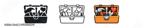 Three matching icons of an open toolbox with tools and a small heart accent — filled, outline, and full color versions for repair or diy designs.