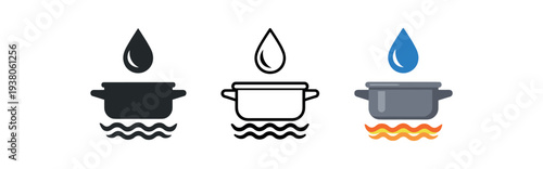 Three kitchen icons showing a lidded cooking pot with a water droplet above and heat waves below, provided in filled, line, and colored flat illustration 